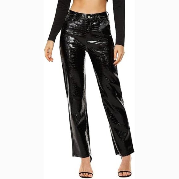 💋CHIC & SEXY💋VTG Genuine Leather Croc Embossed Straight-Cut Pants - Picture 4 of 15